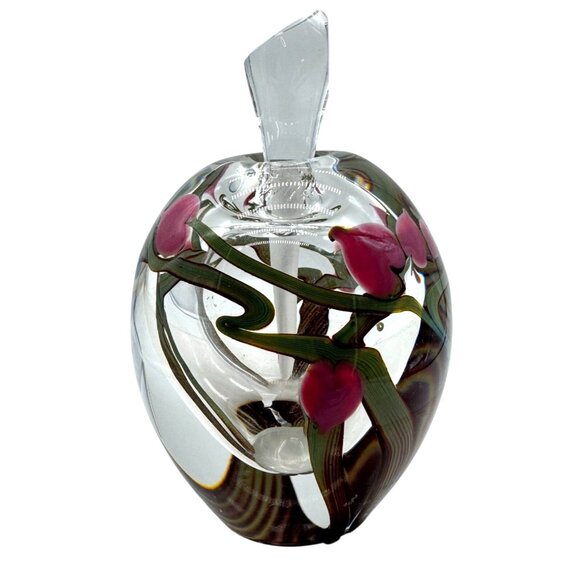 Handblown Zellique Signed Glass Perfume Bottle Stopper Pink Floral Painted 4"H - Picture 1 of 7